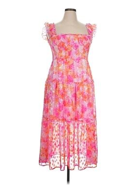 Versona Pink & Orange Floral Smocked Midi Dress with Ruffle Straps